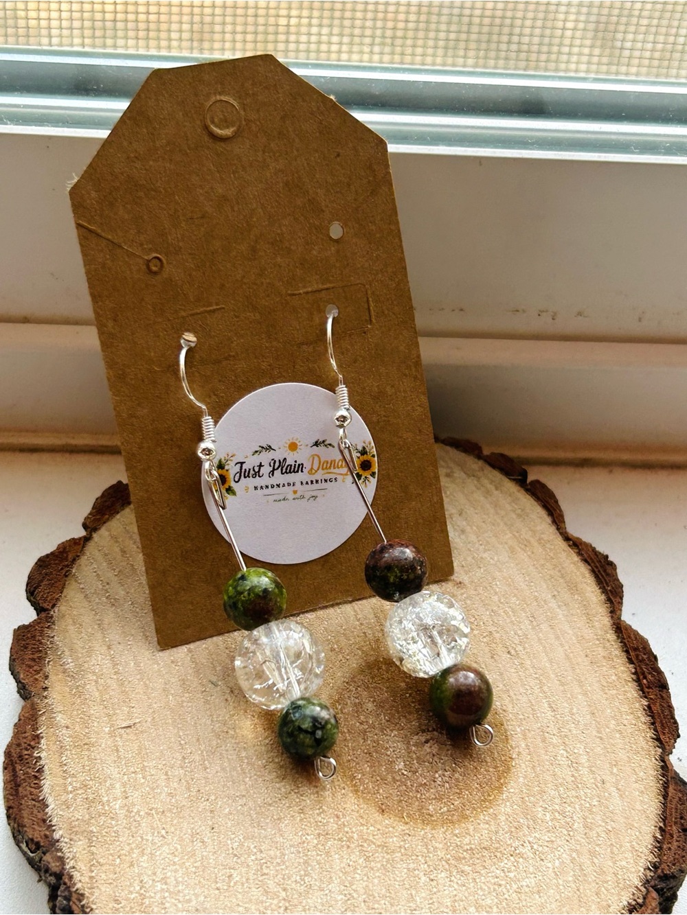Handmade Natural Stone & Crackle Glass Earrings | Green Earrings | Earthy